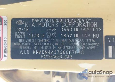 2016 Kia Rio Lx из США, поврежденный, VIN KNADM4A37G6687648